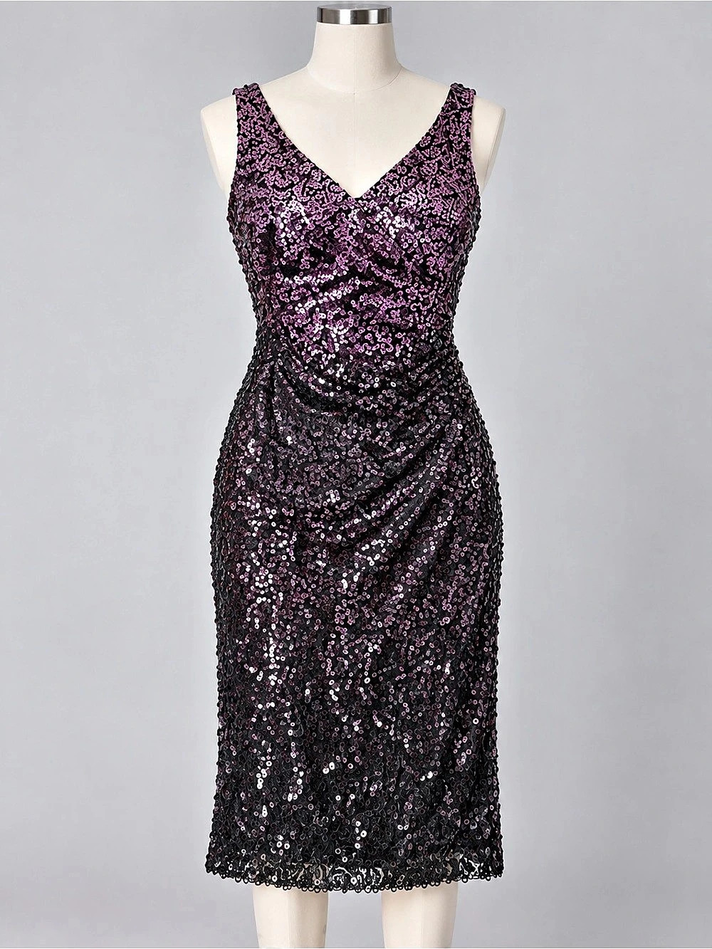 Y2K David Meister Purple & Black Sequin Ruched Cocktail Dress - Sz 2 Made in USA - Picture 3 of 7